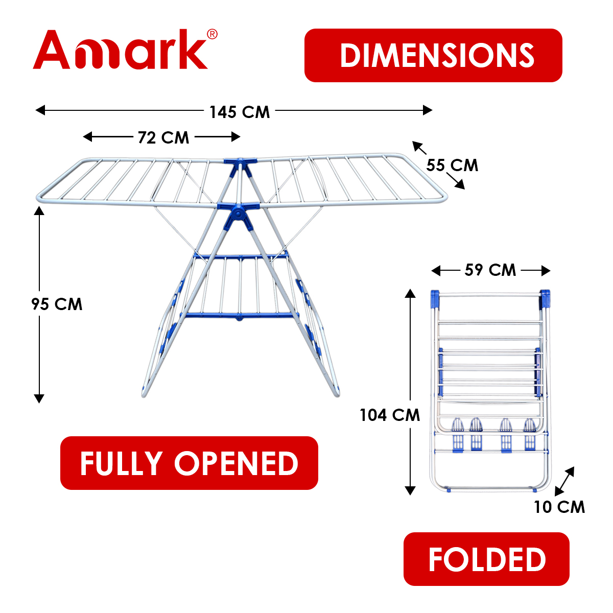 Amark Heavy-Duty Epoxy Steel Dual-Wing Clothes Dryer with Shoe Holders 145x55x95 cm