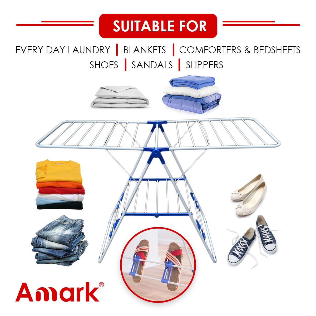 Amark Heavy-Duty Epoxy Steel Dual-Wing Clothes Dryer with Shoe Holders 145x55x95 cm