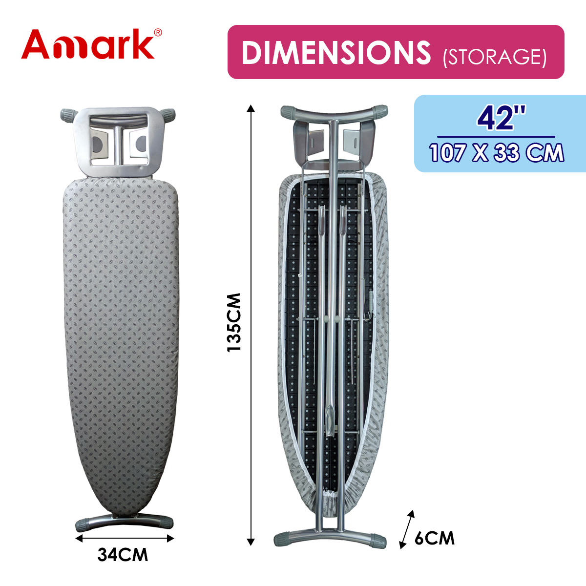 Amark Premium High Heat Resistant T-Leg Ironing Board with Enhanced Iron Rest