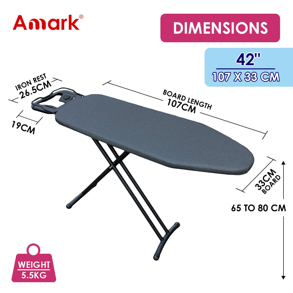 Amark Premium High Heat Resistant T-Leg Ironing Board with Enhanced Iron Rest