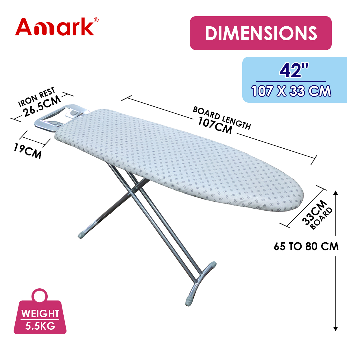 Amark Premium High Heat Resistant T-Leg Ironing Board with Enhanced Iron Rest