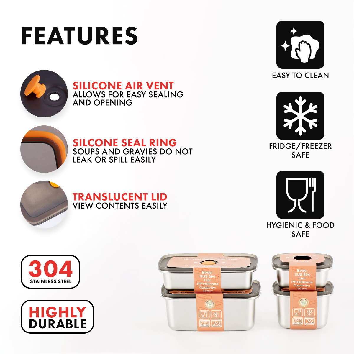 Sitbo 304 Stainless Steel Food Storage Meal Prep Container - Airtight, Stackable, Fridge/Freezer Safe