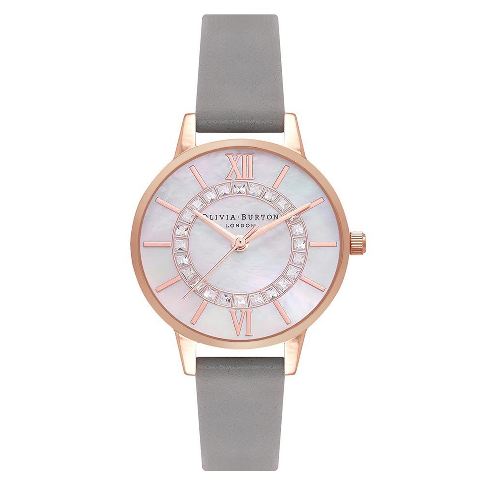 Olivia Burton Steel Grey Leather White Mother Of Pearl & Stone Dial Ladies Watch