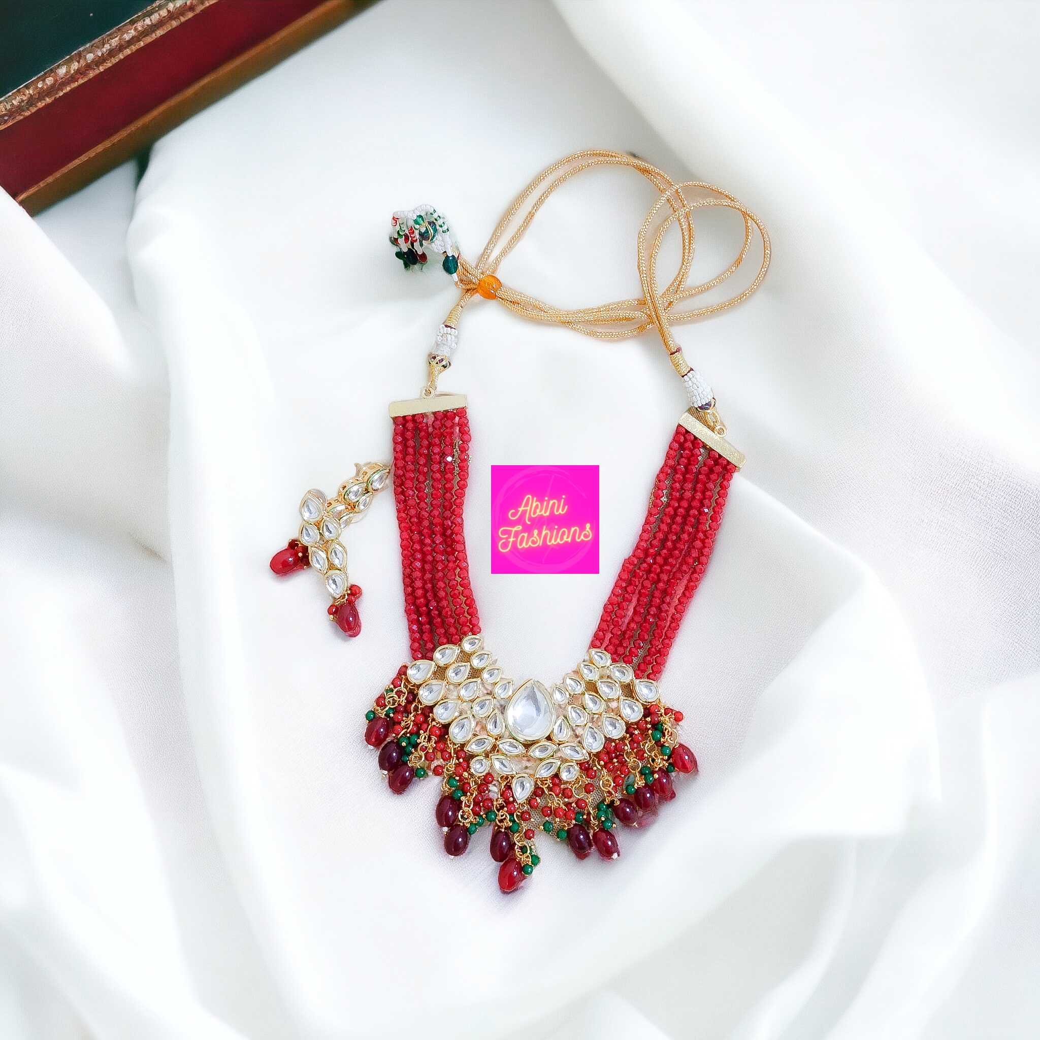 Grand Maroon and Green Kundan Necklace and Earring Set