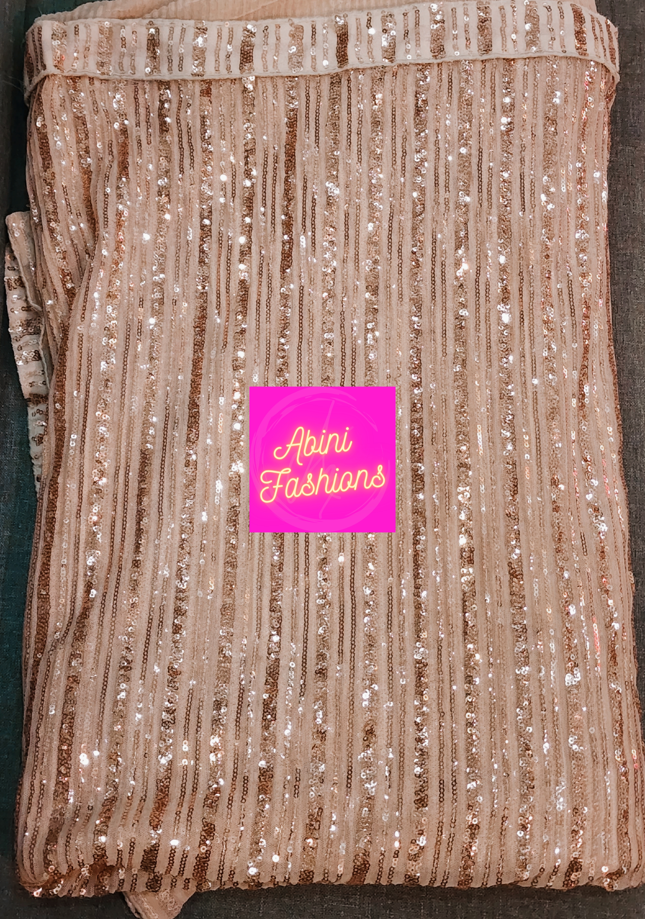 Golden Stripe Sequin Saree with Readymade Blouse 