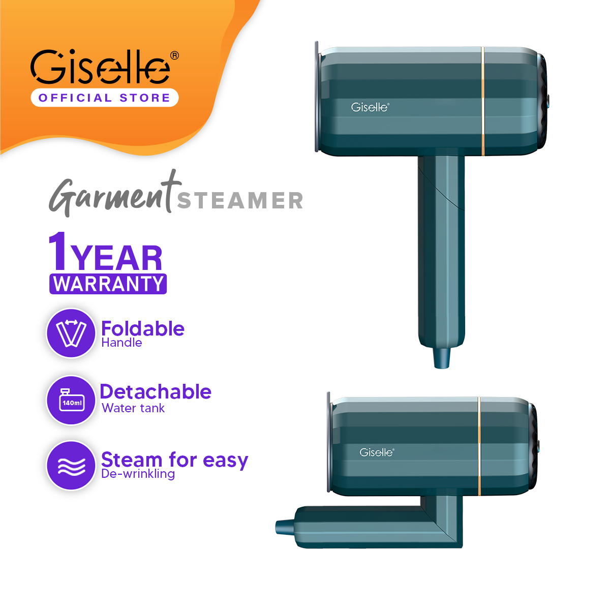 Giselle Foldable Handheld Garment Steamer Iron Portable Travel Size Ready to use in 30s (140ml/1200W) - KEA0400GN