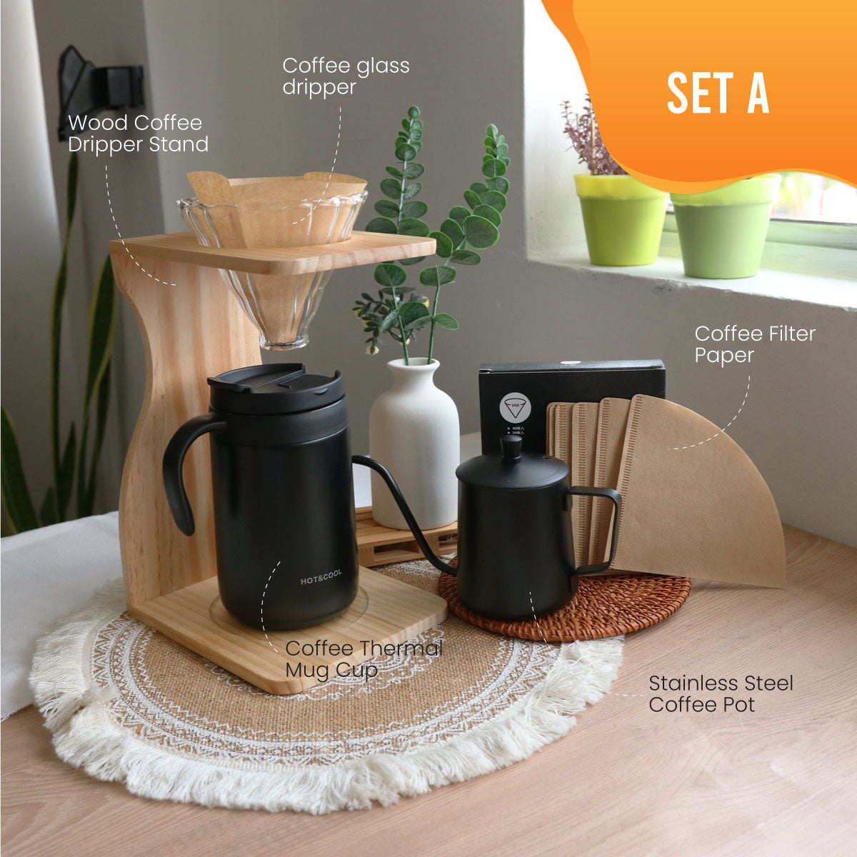 Giselle Hand Pour Over Manual Brew & Drip Glass / Stainless Steel Coffee Dripper Set with Wooden Stand Holder (DCW0001)