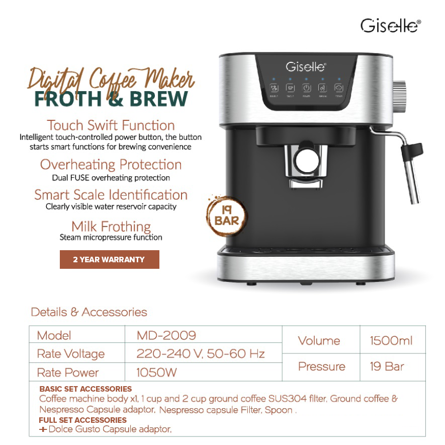 Giselle Espresso Coffee Maker 19 Bar 家用意式咖啡机奶泡拿铁 [KEA0332 / KEA0332FS]