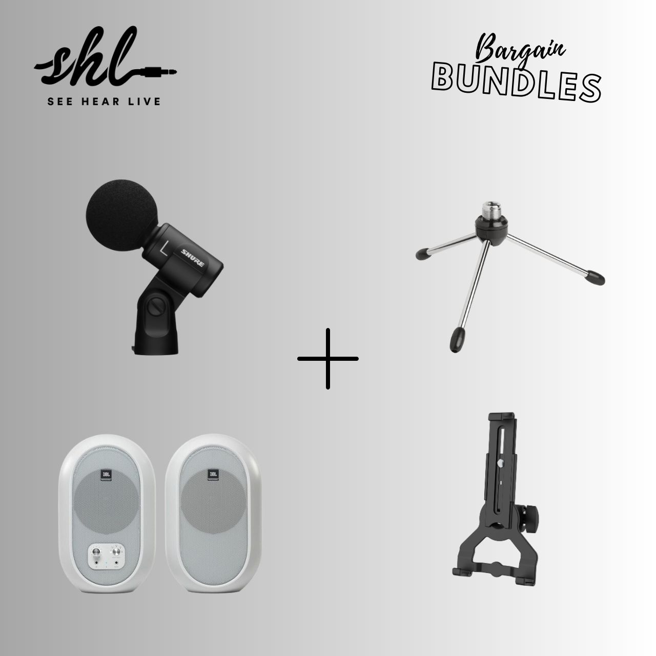 Shure MV88+ Stereo USB Microphone + JBL Pro 104SET + FREE Shure S41E Mic Desk Stand & König & Meyer Tablet PC Holder