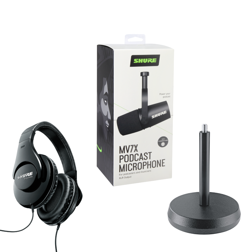 Shure MV7X XLR Podcast Streaming Microphone with Shure SRH240A Professional Home Recording Headphones and K&M Microphone Stand