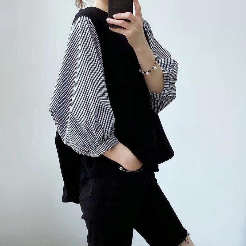 韓版假兩件拼接設計寬鬆襯衫