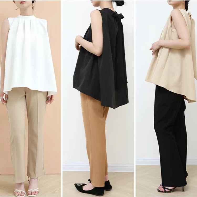 日系休閒純色蝴蝶結系帶無袖襯衫（3色）-NamoDress