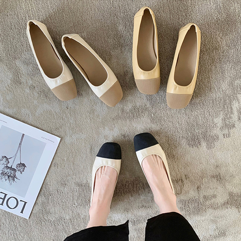 法式復古方頭小香風拼色淺口軟底平底鞋(偏細一碼) (3色)