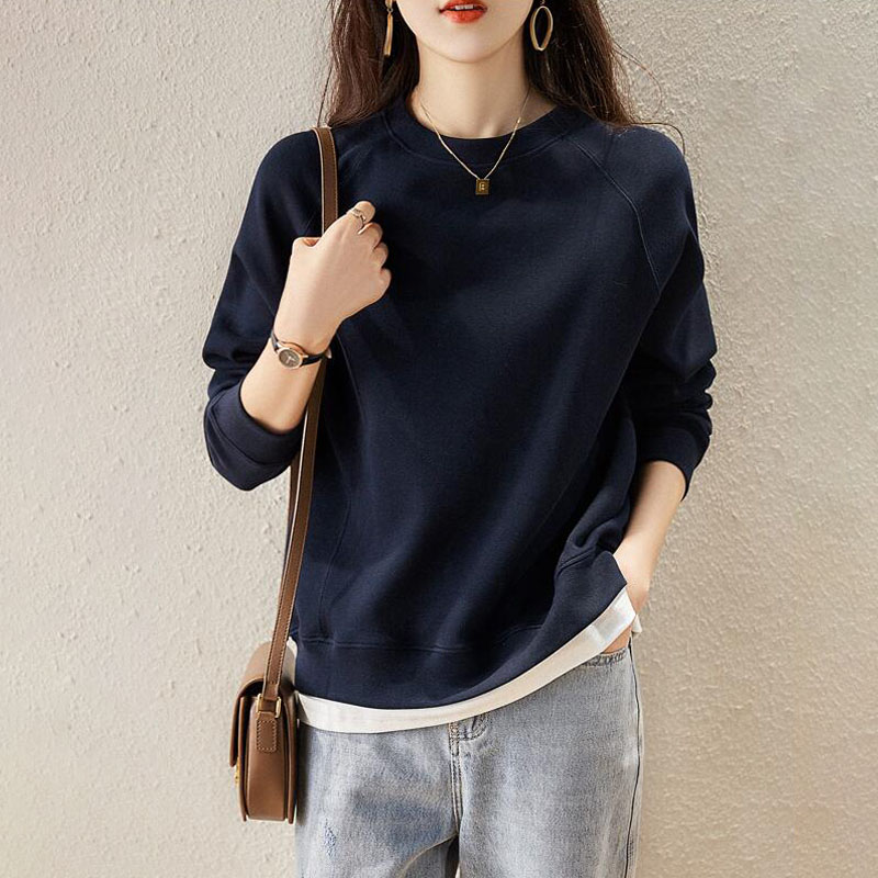 韓系純色寬鬆長袖假兩件衛衣