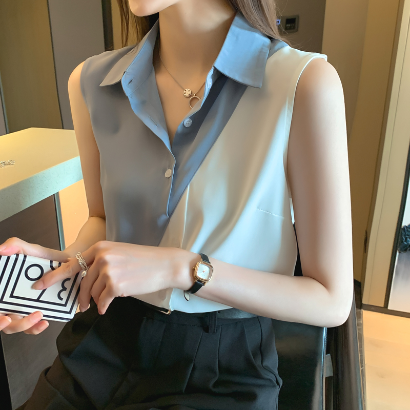 拼色坎肩背心式無袖襯衫(2色)-NamoDress