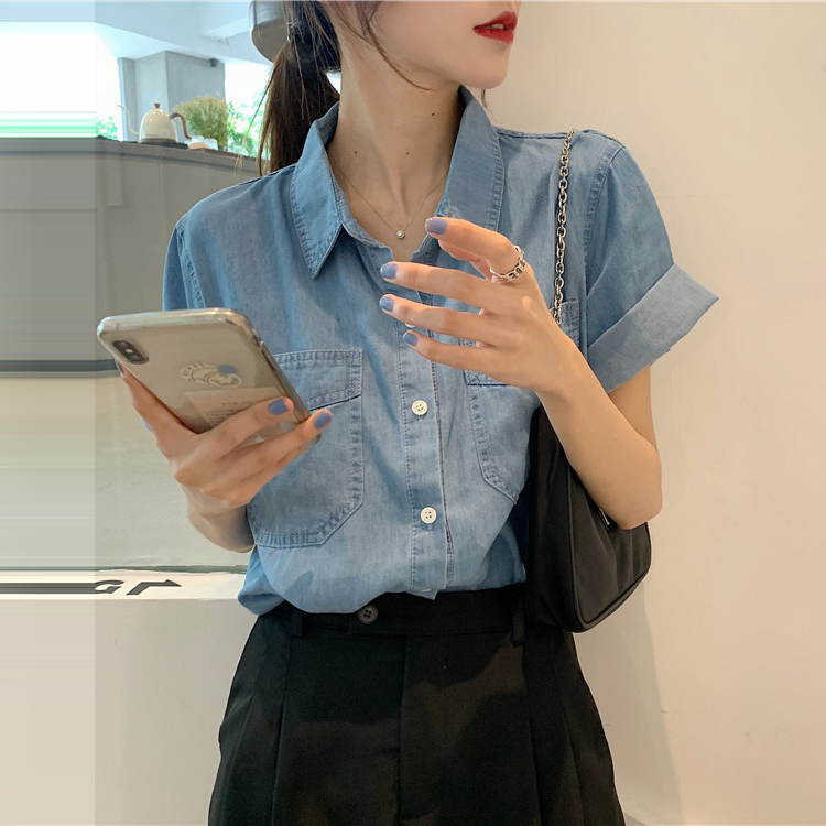 韓版清新甜美短袖牛仔襯衫-NamoDress