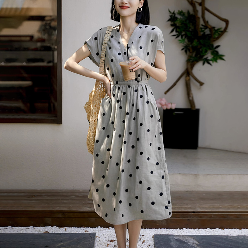 復古刺繡波輕盈感亞麻連身裙-NamoDress