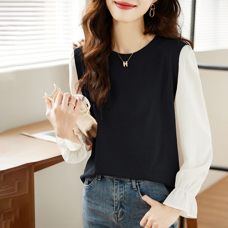 撞色拼接假兩件燈籠袖T恤(2色)