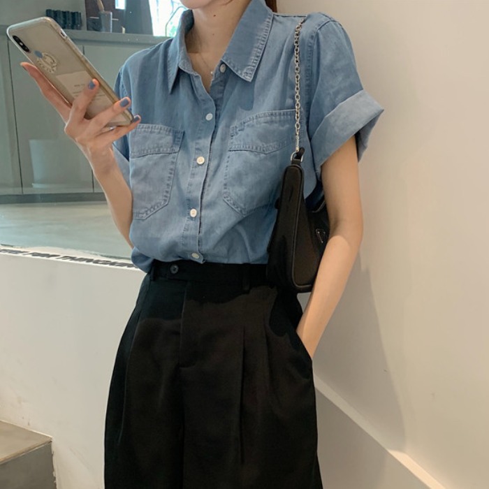韓版清新甜美短袖牛仔襯衫-NamoDress