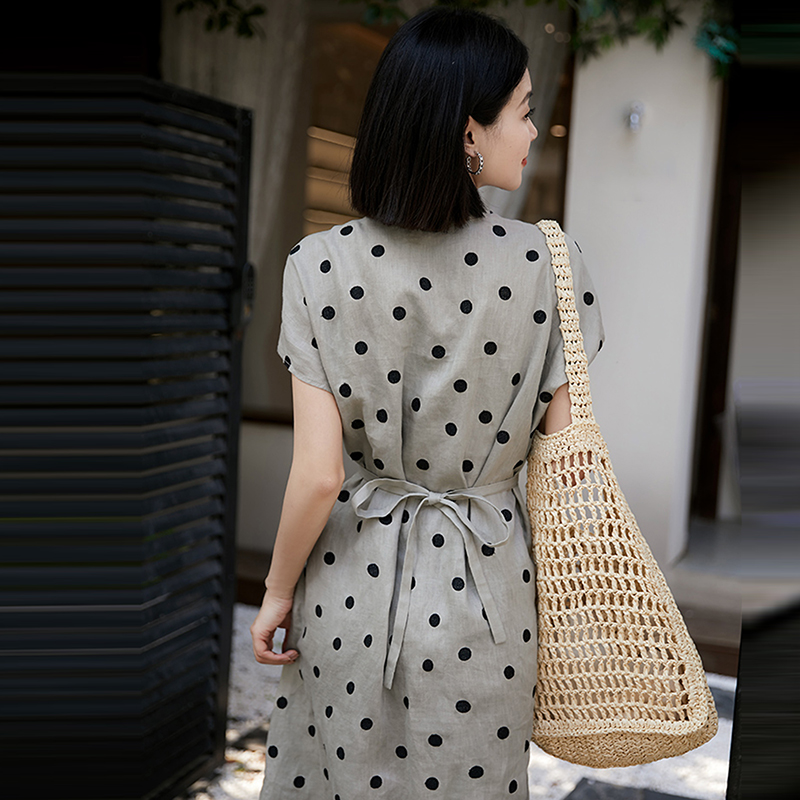 復古刺繡波輕盈感亞麻連身裙-NamoDress