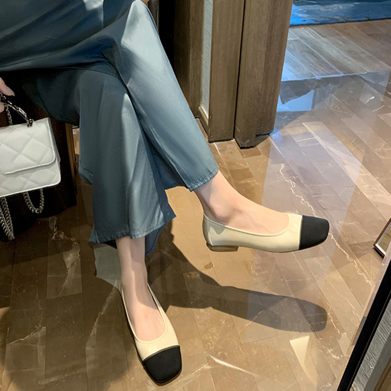 法式復古方頭小香風拼色淺口軟底平底鞋(偏細一碼) (3色)