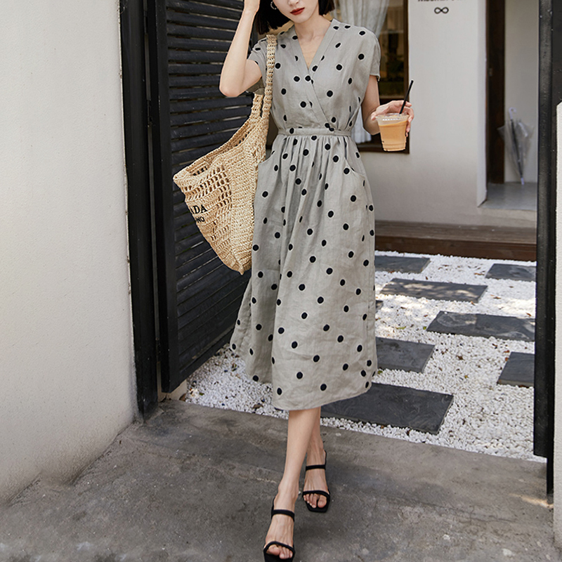 復古刺繡波輕盈感亞麻連身裙-NamoDress