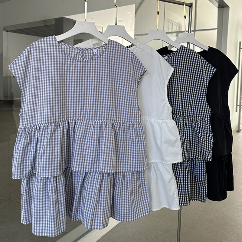 荷葉邊格紋/純色短袖娃娃衫（4色）-NamoDress