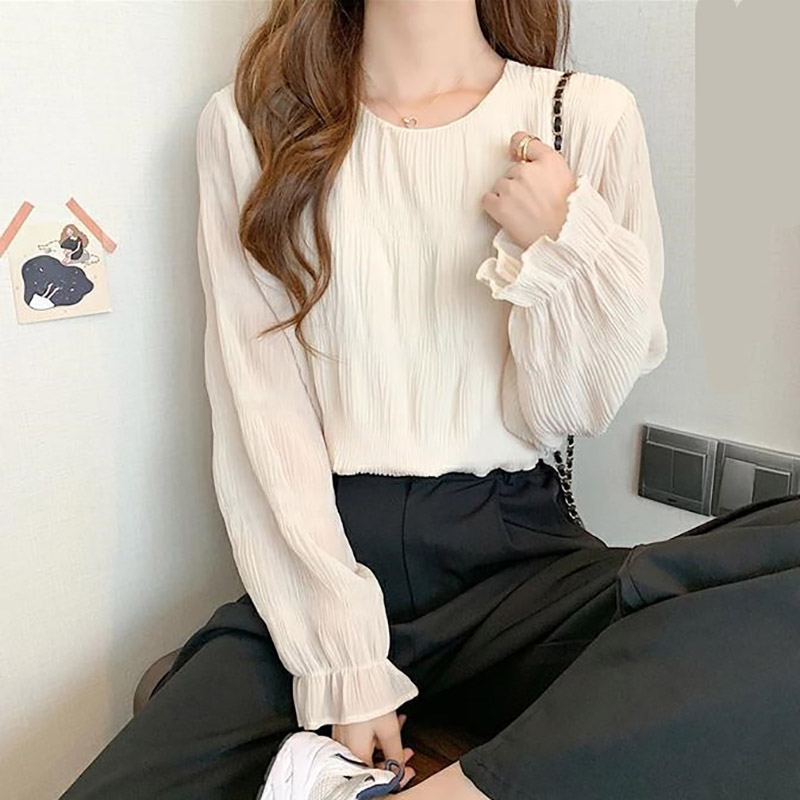 壓褶喇叭袖寬鬆百搭長袖雪紡衫(2色)