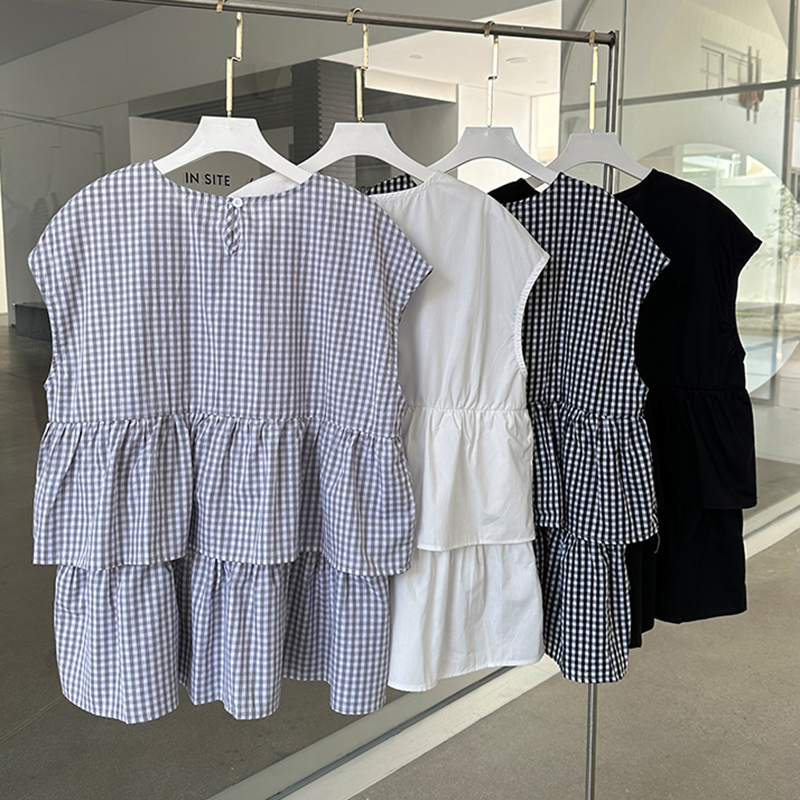 荷葉邊格紋/純色短袖娃娃衫（4色）-NamoDress