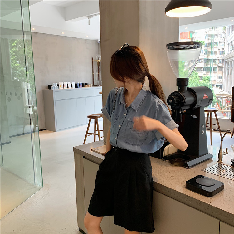 韓版清新甜美短袖牛仔襯衫-NamoDress
