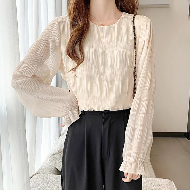壓褶喇叭袖寬鬆百搭長袖雪紡衫(2色)