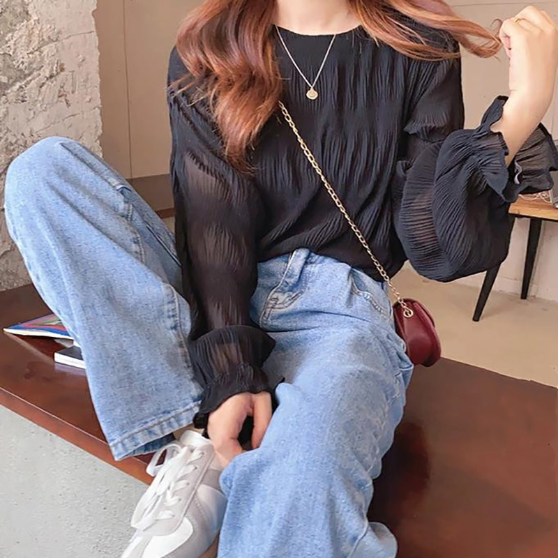 壓褶喇叭袖寬鬆百搭長袖雪紡衫(2色)