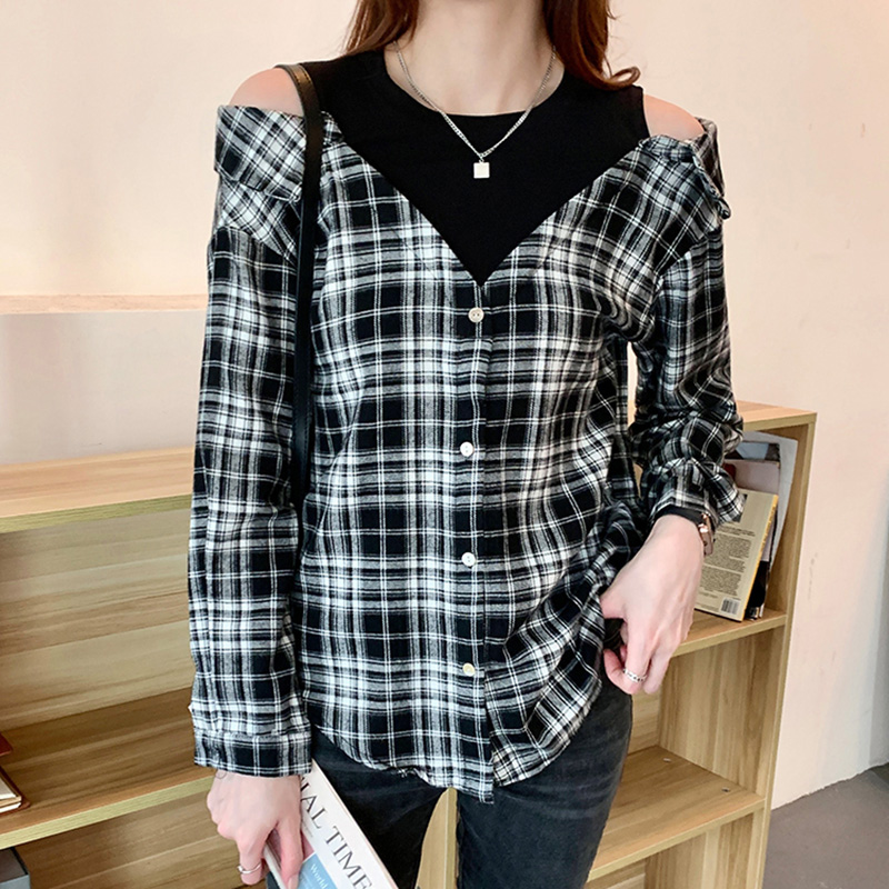 韓系格子露肩假兩件襯衫