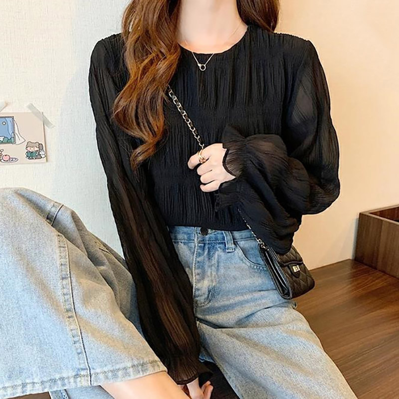 壓褶喇叭袖寬鬆百搭長袖雪紡衫(2色)