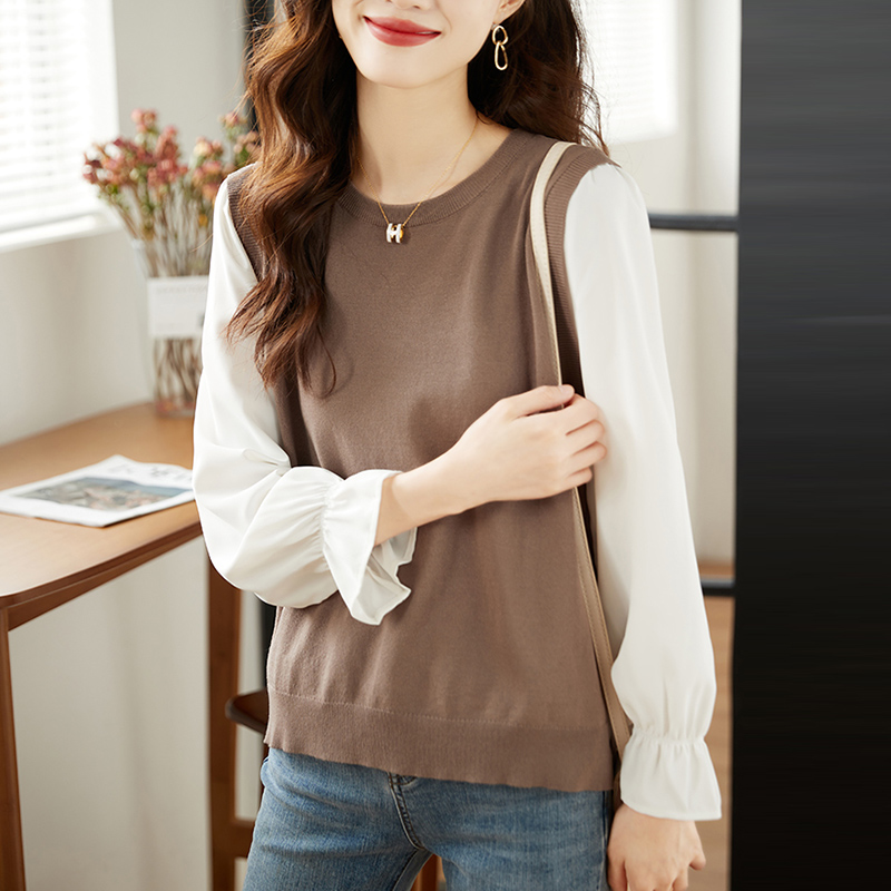 撞色拼接假兩件燈籠袖T恤(2色)