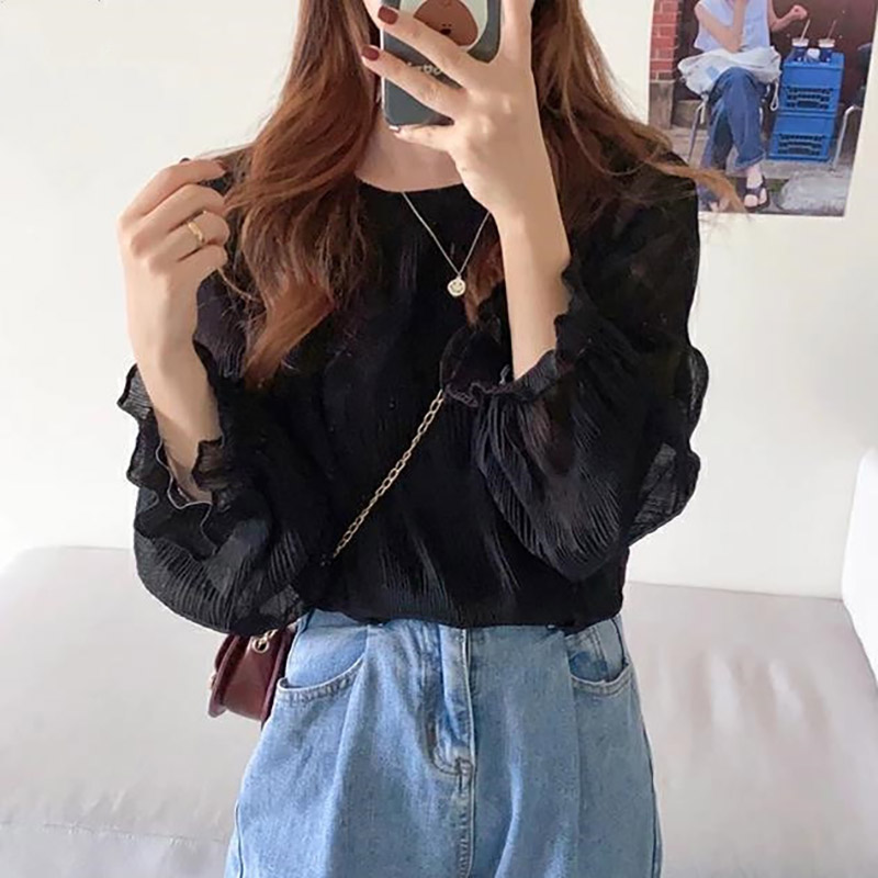 壓褶喇叭袖寬鬆百搭長袖雪紡衫(2色)