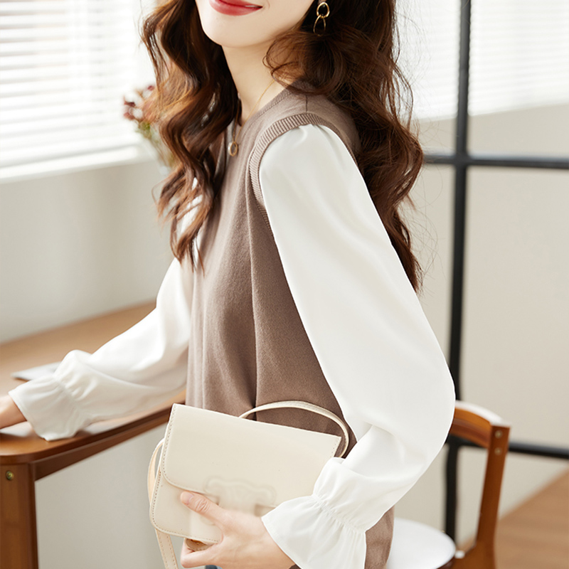 撞色拼接假兩件燈籠袖T恤(2色)