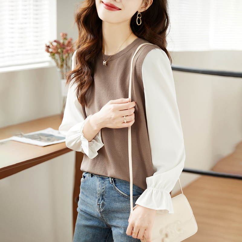 撞色拼接假兩件燈籠袖T恤(2色)