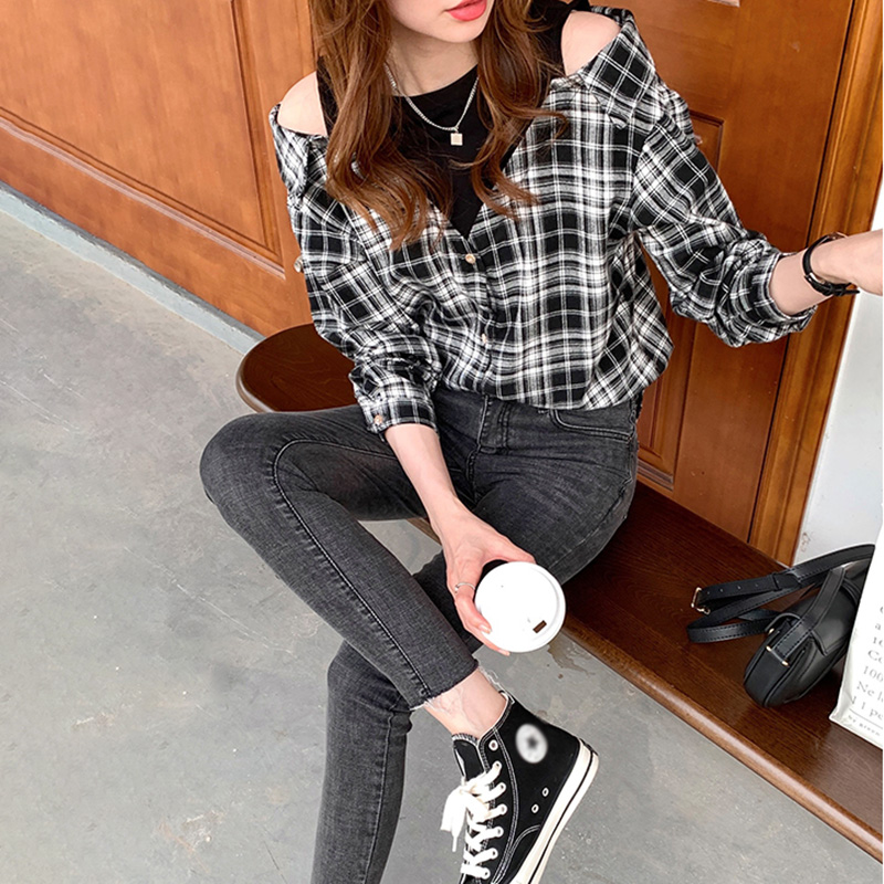 韓系格子露肩假兩件襯衫