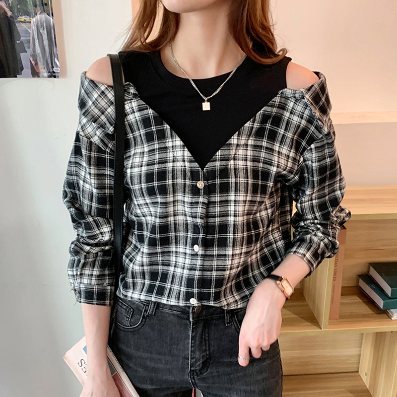 韓系格子露肩假兩件襯衫