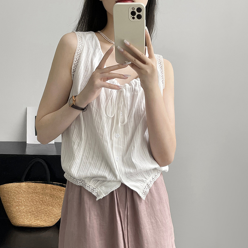 復古蕾絲花邊拼接無袖上衣(2色)-NamoDress