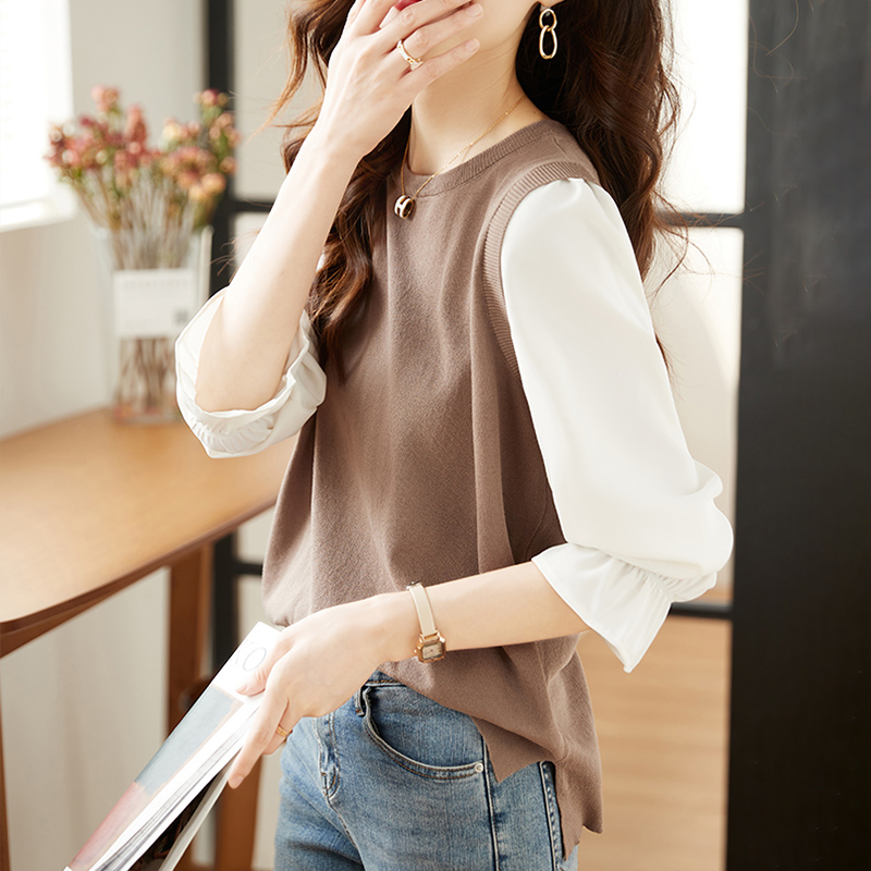 撞色拼接假兩件燈籠袖T恤(2色)