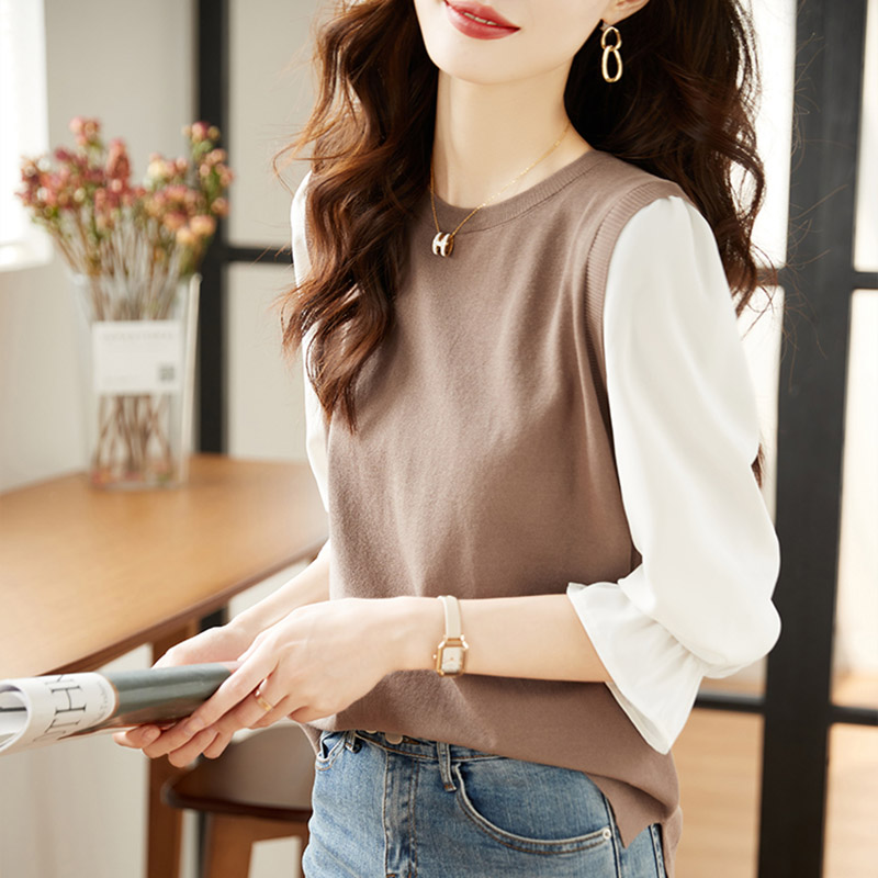 撞色拼接假兩件燈籠袖T恤(2色)