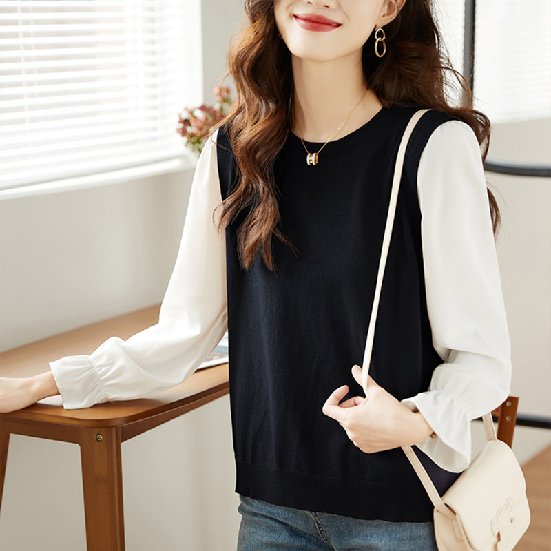 撞色拼接假兩件燈籠袖T恤(2色)