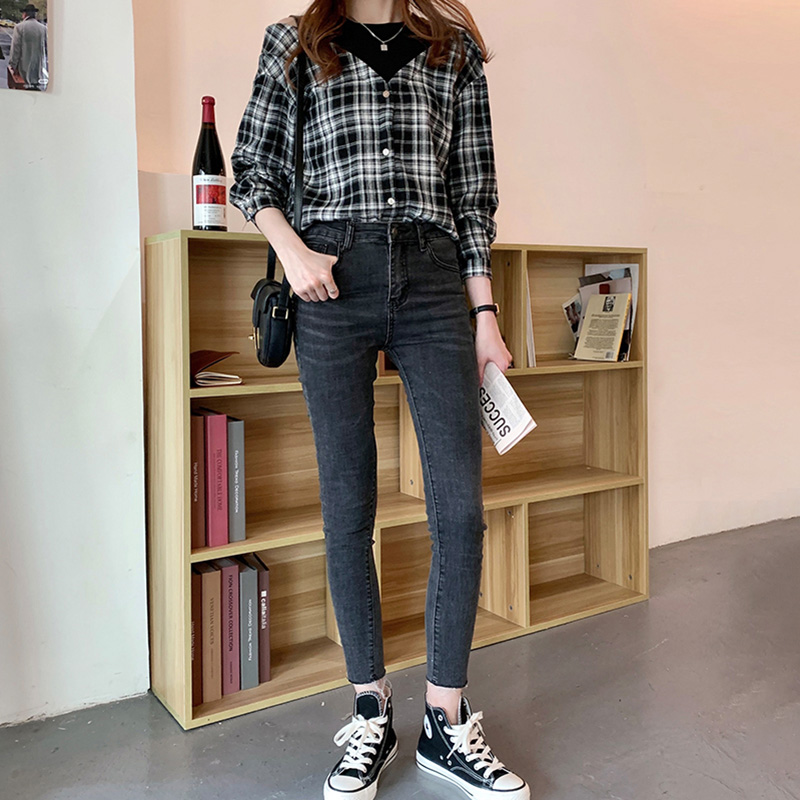 韓系格子露肩假兩件襯衫