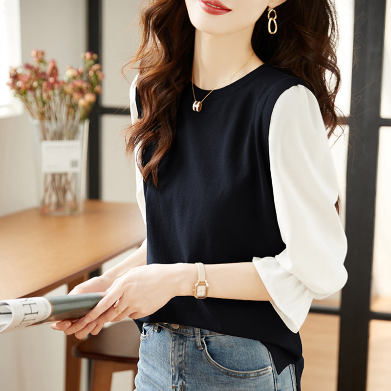 撞色拼接假兩件燈籠袖T恤(2色)