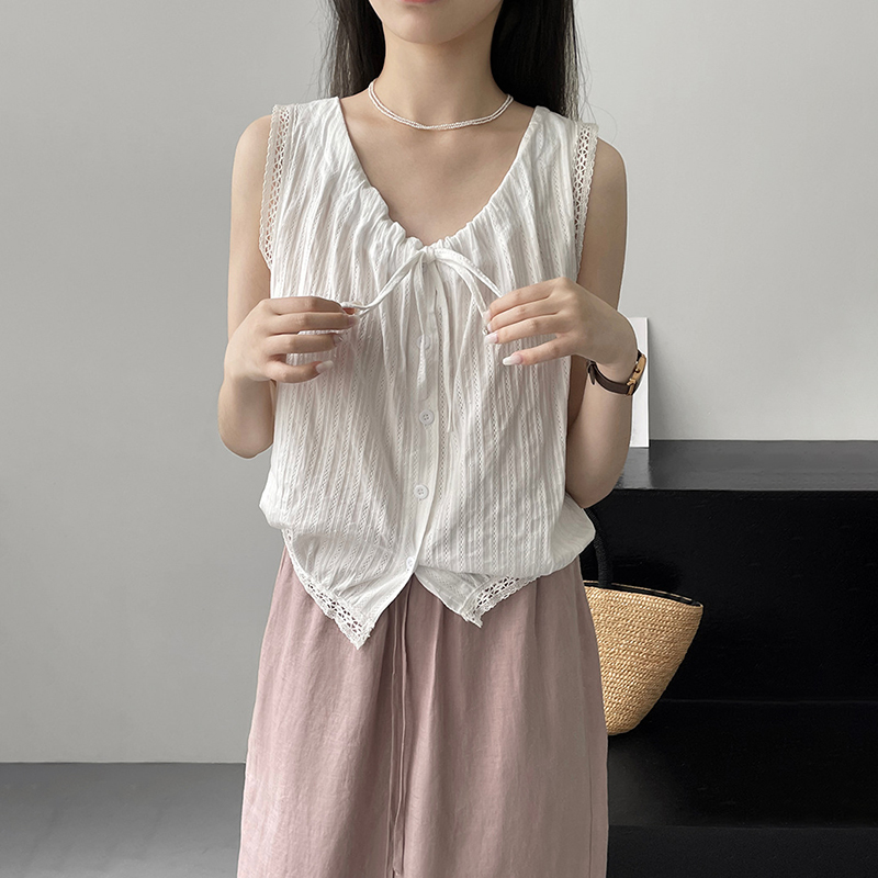 復古蕾絲花邊拼接無袖上衣(2色)-NamoDress