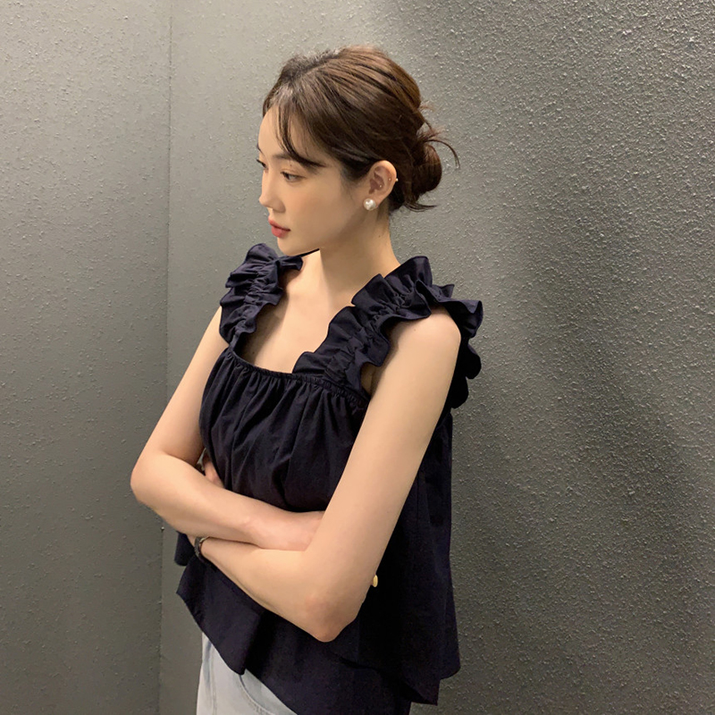 韓版chic夏季設計感漏鎖骨背心上衣(3色)-NamoDress