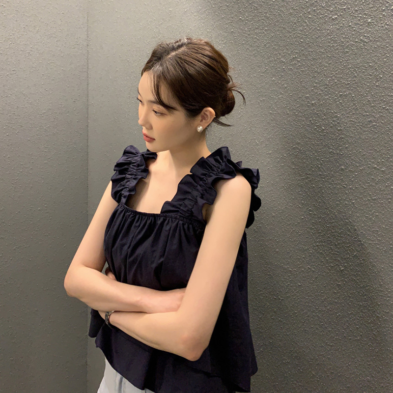韓版chic夏季設計感漏鎖骨背心上衣(3色)-NamoDress