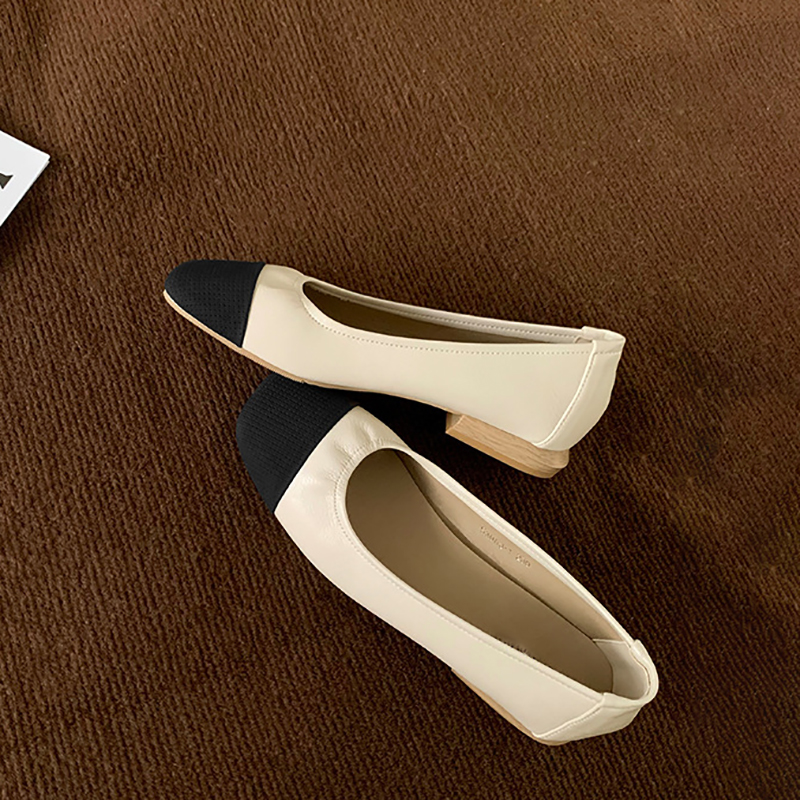 法式復古方頭小香風拼色淺口軟底平底鞋(偏細一碼) (3色)